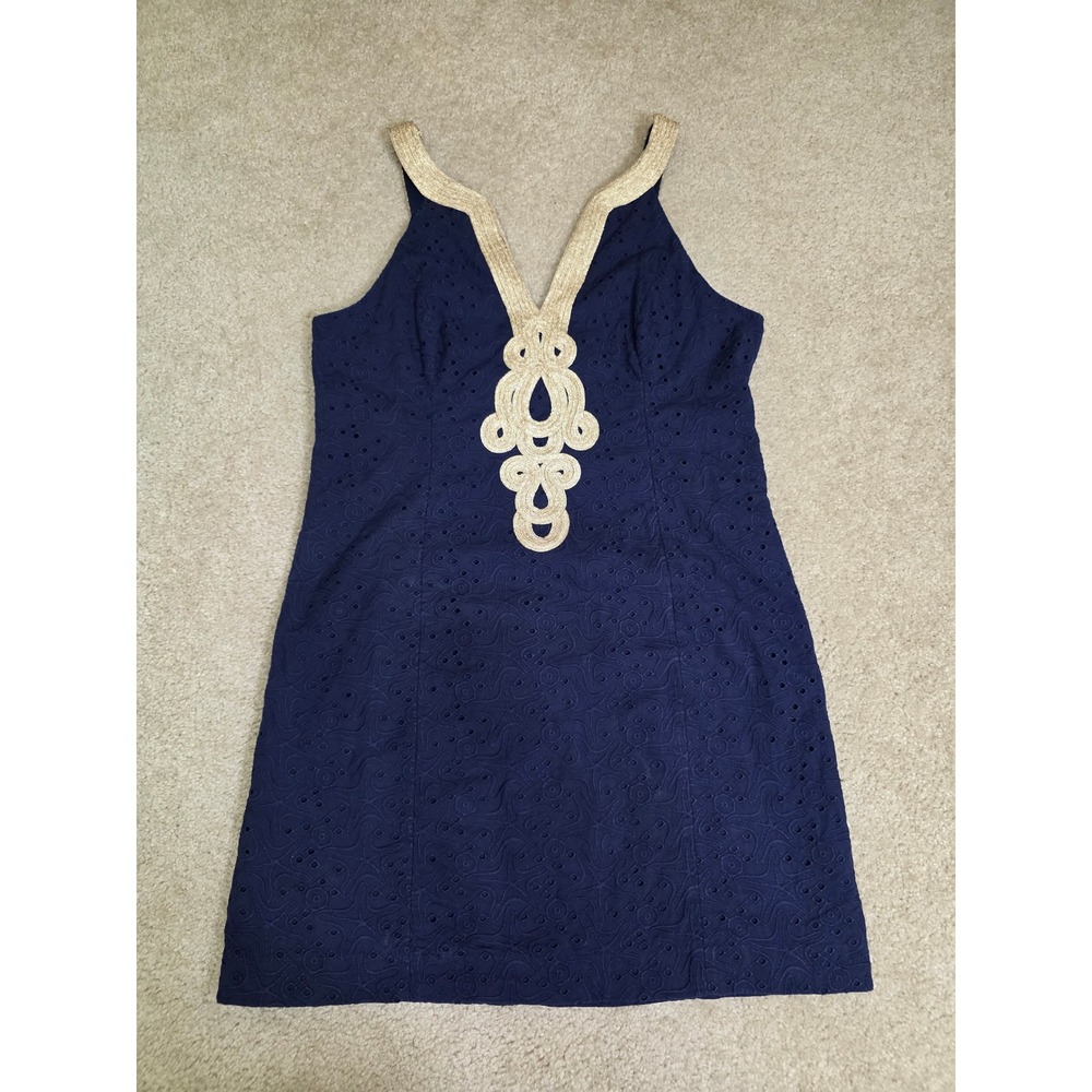 Lilly Pulitzer Navy Starfish Eyelet Soutache Shift Dress Gold Trim Size 12